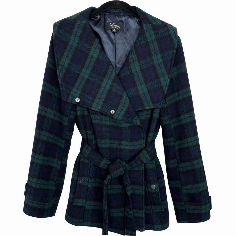 CoffeeShop New York Plaid Wrap Coat — Navy & Green — Size M
